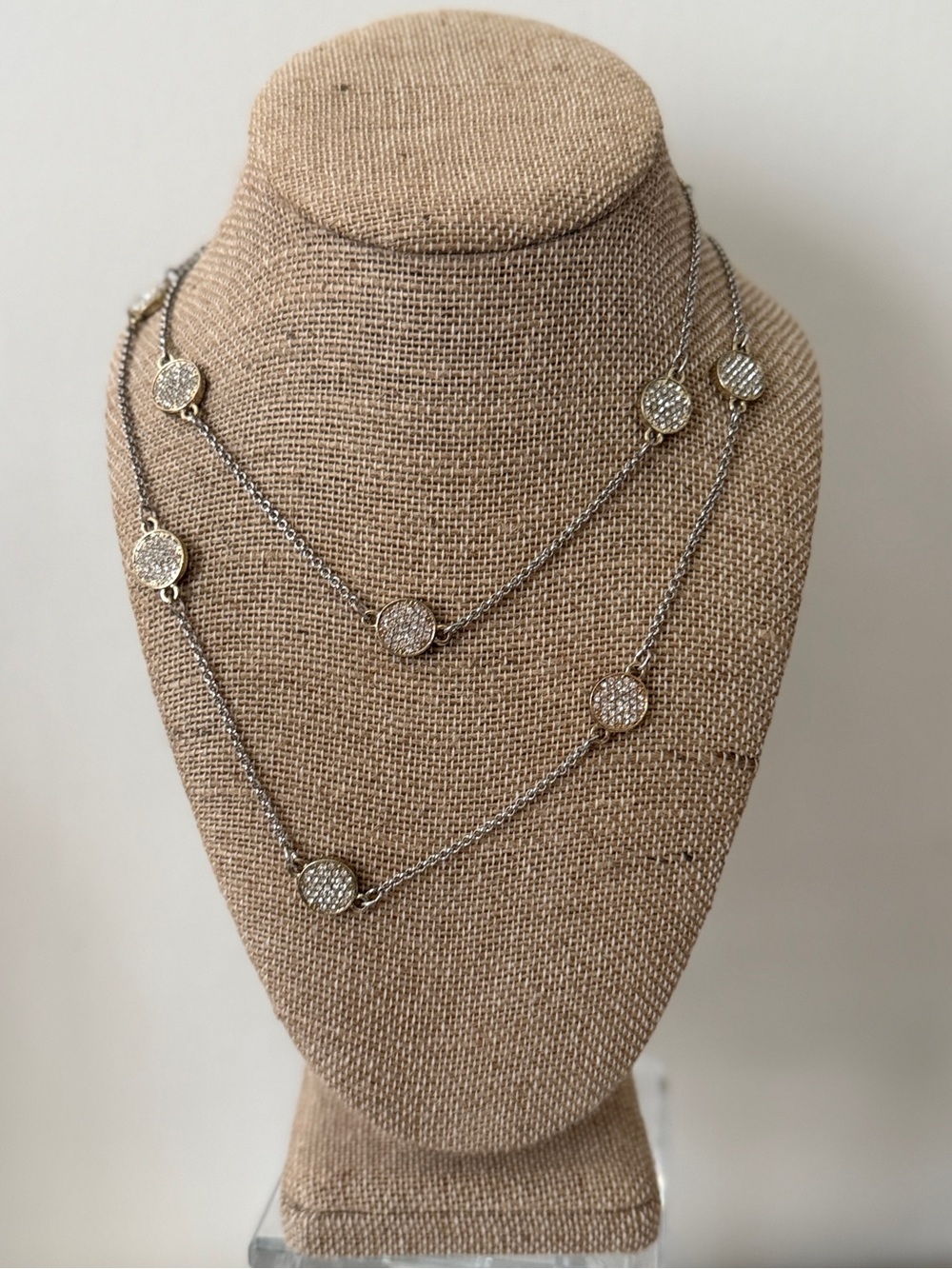 Banana Republic BR Signed Silver Tone Pave Crystal Disc Station Necklace Long